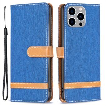 PU-leren + TPU-telefoonhoesje voor iPhone 15 Pro Max, jeansstof inzet, portemonnee met standaard en krasbestendige cover.