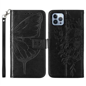 YB Imprinting-serie 4 voor iPhone 15 Pro Max Telefoon Leren Hoesje met Standfunctie, Portemonnee, Vlinder Bloemen Imprint Cover met Handband.