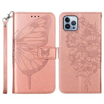 YB Imprinting-serie-4 Voor iPhone 15 Pro Max Telefoon Lederen Hoesje Met Standfunctie Portemonnee Vlinder Bloem Geïmpregneerde Cover Met Handriem