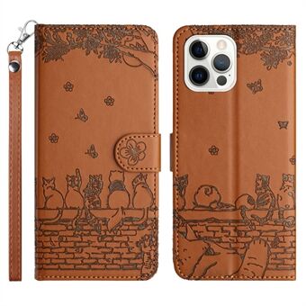 Voor iPhone 15 Pro Max Wall Cats Gedrukte PU Leren Stand Hoesje met Portemonnee en Strap.