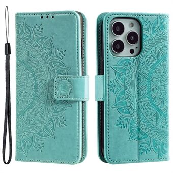 Voor iPhone 15 Pro Max Mandala Bloemafdruk Telefoonhoesje PU Leren Portemonnee Stand Folio Cover met Band