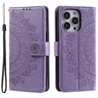 Voor de iPhone 15 Pro Max Mandala Flower Imprint Telefoonhoesje van PU-leer met portemonnee, standaard en bandje.