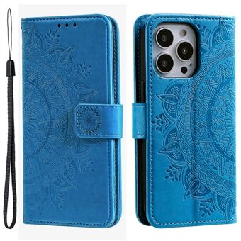 Voor iPhone 15 Pro Max Mandala Bloemafdruk Telefoonhoesje PU Leren Wallet Stand Folio Hoesje met Strap