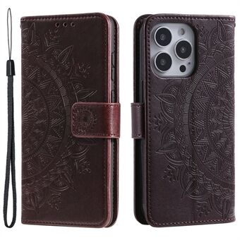 Voor iPhone 15 Pro Max Mandala Bloemafdruk Telefoonhoesje PU Lederen Portemonnee Stand Folio Hoesje met Riem