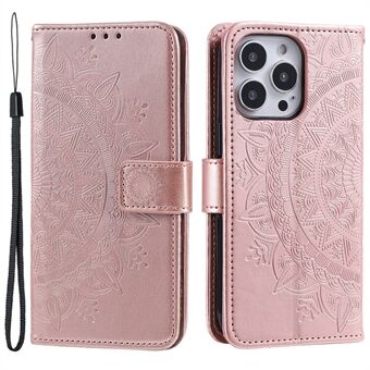 Voor iPhone 15 Pro Max Mandala Bloem Afdruk Telefoonhoes PU Lederen Portemonnee Stand Flip Cover met Band