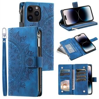 Voor iPhone 15 Pro Max PU lederen hoesje met mandala bloemenopdruk, kaarthouder, ritsvakje, portemonnee en standaard met riem.