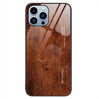 Voor iPhone 15 Pro Max Wood Grain Design Telefoonhoesje Gehard Glas Achterkant + TPU Frame Achterkant