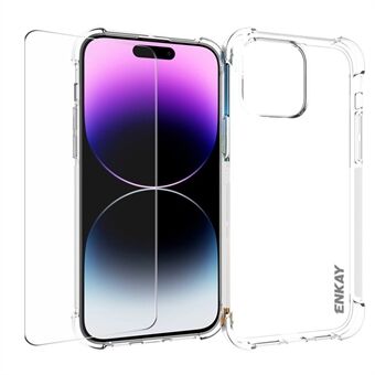 ENKAY HAT PRINCE Transparante TPU-telefoonhoes met hoge aluminium-silicium glazen schermafdekking voor iPhone 15 Pro Max.