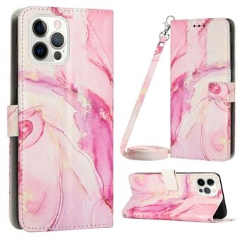 Marmerpatroon lederen hoesje voor de iPhone 15 Pro Max, portemonneestandaard telefoonhoesje met schouderband.