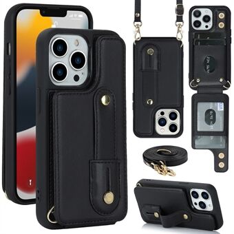 Voor iPhone 15 Pro Max Kaartsleuven Kickstand Hoesje met PU-lederen coating en TPU telefoonhoes met schouderriem.