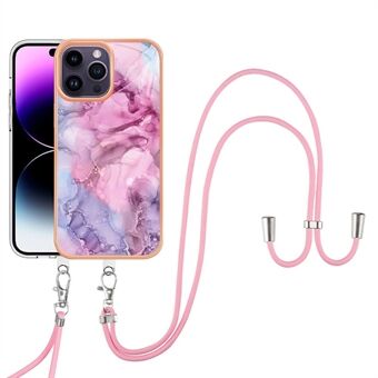 YB IMD-serie-18 Style E voor iPhone 15 Pro Max antivalhoes IMD marmerpatroon 2,0 mm TPU telefoonhoes met lanyard.
