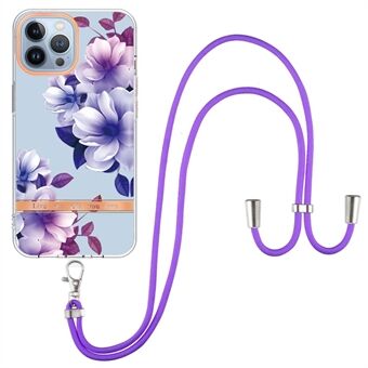 YB IMD-11 Serie Bloemenpatroon TPU Hoesje voor iPhone 15 Pro Max Anti-Drop IMD IML Elektroplating Telefoonhoesje met Lanyard