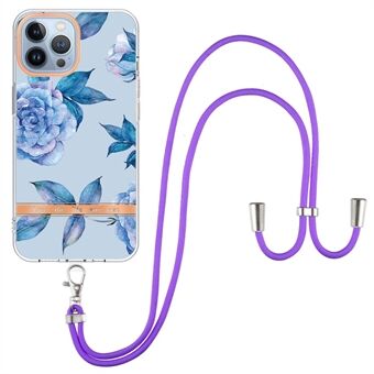 YB IMD-11 Serie Bloemenpatroon TPU Hoesje voor iPhone 15 Pro Max Anti-val IMD IML Elektroplating Telefoonhoesje met Lanyard.