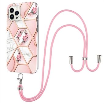 YB IMD-serie-4 IMD telefoonhoesje voor iPhone 15 Pro Max, stenen marmerbloemenpatroon, TPU-hoesje met lanyard.