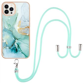 YB IMD Serie-9 voor iPhone 15 Pro Max telefoonhoesje met elektroplating TPU, IMD marmeren patroon cover met koordje.
