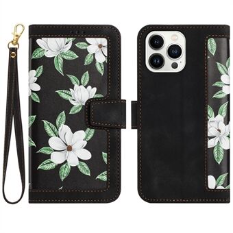 PU Leren Kaarthouder hoesje voor iPhone 15 Pro Max, met bloemen patroon, met standaard voor telefoon