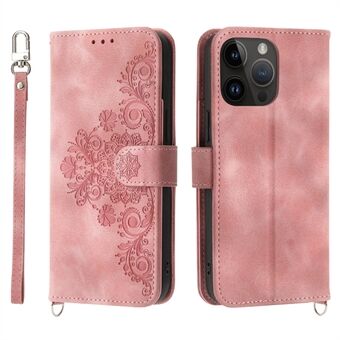 Voor iPhone 15 Pro Max PU Leren Flip Hoesje met Portemonnee, Bedrukte Bloemen Telefoonhoesje met Polsbandje + Schouderband.