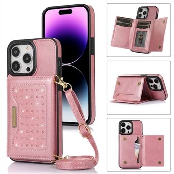 Voor iPhone 15 Pro Max PU lederen + TPU Kickstand hoesje met Rhinestone decoratie portemonnee RFID-blokkerende telefoonhoes met schouderband.