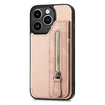 Voor de iPhone 15 Pro Max Zipper Pocket Telefoonhoesje Carbon Fiber Kickstand Leer+PC+TPU Cover