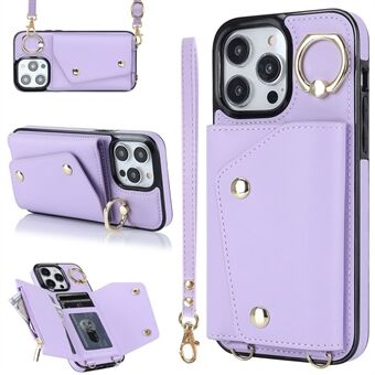 Voor iPhone 15 Pro Max Zipper Wallet Ring Kickstand Case PU Leer+TPU Telefoonhoes met 2 Bandjes.