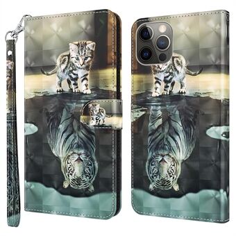 PU Leren Flip Cover voor iPhone 15 Pro Max, Portemonnee Stand 3D Patroon Print Telefoonhoesje met Riem