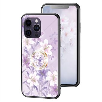 Voor iPhone 15 Pro Max Bloemenpatroon Gehard Glas Hoesje met PC+TPU Ring Kickstand Telefoonhoesje