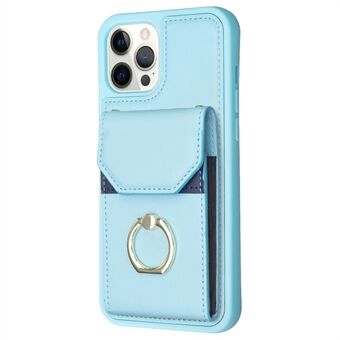 BF29 Voor iPhone 15 Pro Max Telefoonhoesje PU Lederen+TPU Case Kaarthouder Pouch met Ring Kickstand