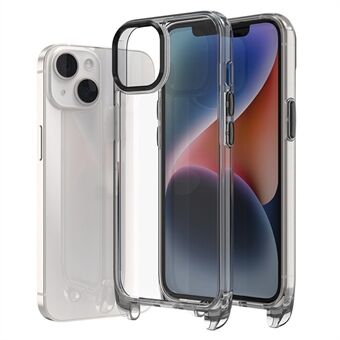 F7 voor iPhone 15 Pro Max achtercover glanzend, met hoge transparantie PC+TPU telefoonhoesje met een sleutelgat voor een draagkoord.