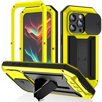 R-JUST Voor iPhone 15 Pro Max Schuifcamera Bescherming Siliconen+Metaal+Plastic Houder Case Gehard Glas Schermfolie Telefoonhoesje