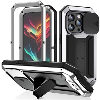 R-JUST Voor iPhone 15 Pro Max SchuifCamera beschermhoes Siliconen+Metaal+Kunststof Standaardhoesje Gehard Glas Schermbeschermer Telefoonhoesje