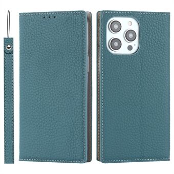 Voor iPhone 15 Pro Max Echt Koeienleren Portemonnee Standhoesje met Litchi Textuur Telefoonhoesje met Riempje