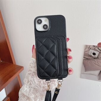 Voor iPhone 15 Pro Max Beschermhoes met ruitvormige stiksels, kaarthouder en litchi textuur PU+TPU telefoonhoesje met schouderriem.