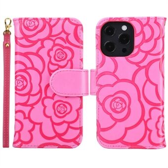 Voor de iPhone 15 Pro Max Camellia Imprint PU Leren Hoesje, schokbestendige portemonnee met standaard telefoonhoesje.
