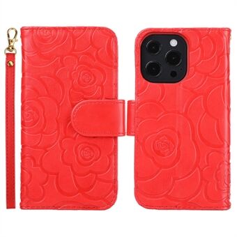 Voor de iPhone 15 Pro Max Camellia Imprint PU Leren Hoes Schokbestendige Portemonnee Stand Telefoonhoes.