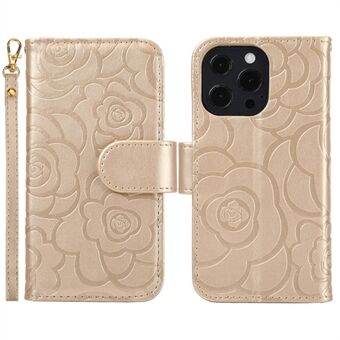 Voor iPhone 15 Pro Max Camellia Imprint PU Leren Hoesje Schokbestendige Portemonnee Stand Telefoonhoes