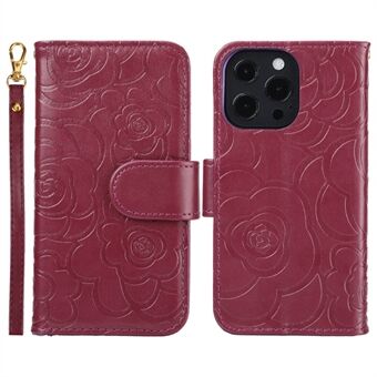 Voor iPhone 15 Pro Max Camellia Imprint PU Leren Hoesje Schokbestendige Portemonnee Stand Telefoonhoes.