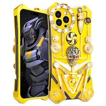 Voor iPhone 15 Pro Max Metal Gear Kickstand Telefoonhoesje Skull Toy Steampunk Schokbestendige Cover - Goud