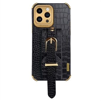 Voor iPhone 15 Pro Max PU leder+TPU hoesje 6D Elektrolytisch verguld telefoonhoesje met polsband en standaard