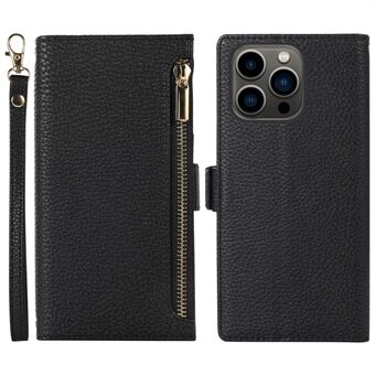 Voor iPhone 15 Pro Max Hoesje Litchi Textuur Rits Zak Leren Cover met Band