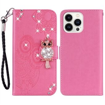 Voor iPhone 15 Pro Max Leren Hoesje met Rhinestone Decor Uil Patroon Telefoonstandaard Portemonnee Hoesje