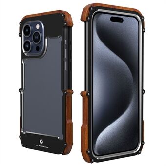 R-JUST Voor iPhone 15 Pro Max Telefoonhoesje valbestendig Houten + Aluminium Legering Bumper Frame Cover