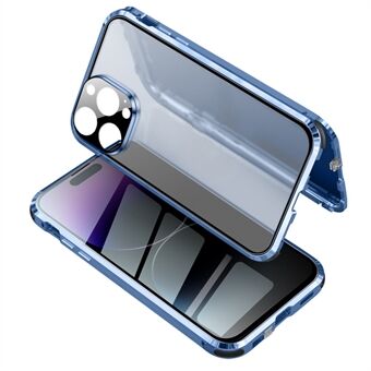 Voor iPhone 15 Pro Max antibespiegelende telefoonhoes met dubbelzijdig gehard glas en metalen frame.