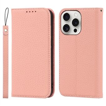 Voor iPhone 15 Pro Max hoesje: Litchi textuur, echt koeienleer portemonnee telefoonhoesje.