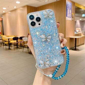 Voor de iPhone 15 Pro Max Glitter Telefoonhoes TPU Vlinder Strass Decor Cover met Ketting