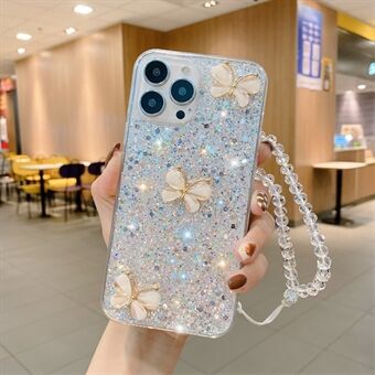 Voor iPhone 15 Pro Max Glittery Telefoonhoesje TPU Vlinder Strass Decoratie Cover met Ketting