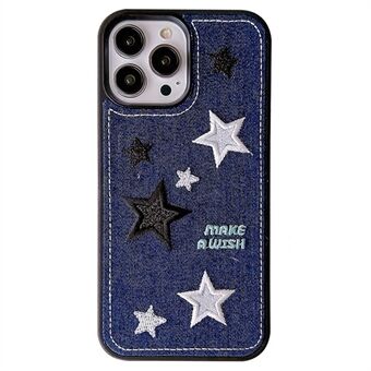 Voor iPhone 15 Pro Max hoesje met sterren geborduurd denim stof en TPU telefoonhoes