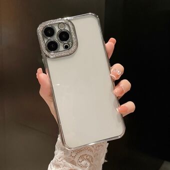 Voor iPhone 15 Pro Max Hoesje met Strassteentjes Decor, Elektroplating Transparante TPU Cover met PET Lens Bescherming.