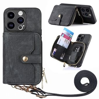 D3 voor de iPhone 15 Pro Max Rits Portemonnee Hoesje PU+TPU+PC Telefoonhoesje met Strap
