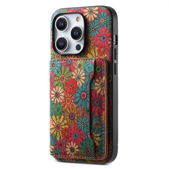 Voor iPhone 15 Pro Max Achterkant Hoesje met Kaarthouder, Standfunctie, PU+TPU+PC Bloemenpatroon Telefoonhoes