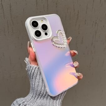 Voor iPhone 15 Pro Max Laser Effect Hoesje PC+TPU Mat Telefoonhoesje met Parelhart Decoratie